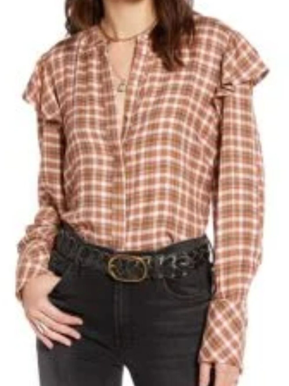 Treasure & Bond Brown Plaid Button Down Shirt Ruffle Sleeve